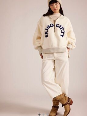 Free People Tricia Fix Society Quarter Zip Fleece Ribbed Slouchy Ivory